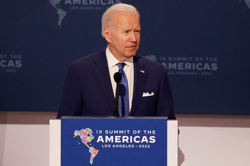 &copy; Reuters. FILE PHOTO: U.S. President Joe Biden speaks during the opening plenary session at the Ninth Summit of the Americas in Los Angeles, California, U.S., June 9, 2022. REUTERS/Daniel Becerril