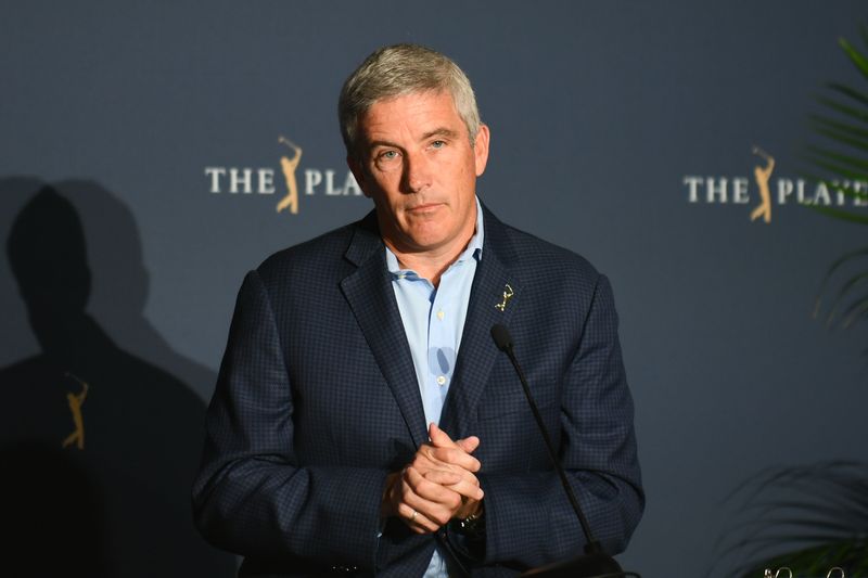 © Reuters. FILE PHOTO: March 13, 2020; Ponte Vedra Beach, Florida, USA; PGA commissioner Jay Monahan speaks to media after the cancellation of the 2020 edition of The Players Championship golf tournament at TPC Sawgrass - Stadium Course. Mandatory Credit: Adam Hagy-USA TODAY Sports