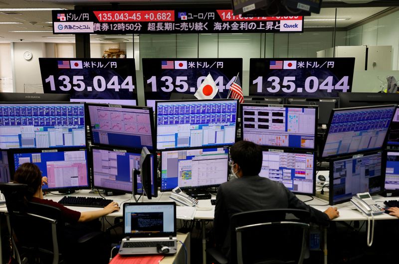 © Reuters. Employees of the foreign exchange trading company Gaitame.com work in front of a monitor showing the Japanese yen exchange rate against the U.S. dollar at its dealing room in Tokyo, Japan June 13, 2022.  REUTERS/Issei Kato