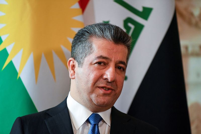 &copy; Reuters. رئيس وزراء إقليم كردستان العراق مسرور برزاني يتحدث خلال اجتماع في داوننج ستريت في لندن يوم 19 أبريل نيسان 2022. صورة لرويترز من ممثل لوكالات ال