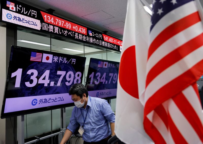 © Reuters. An employee of the foreign exchange trading company Gaitame.com works in front of a monitor showing the Japanese yen exchange rate against the U.S. dollar at its dealing room in Tokyo, Japan June 13, 2022.  REUTERS/Issei Kato