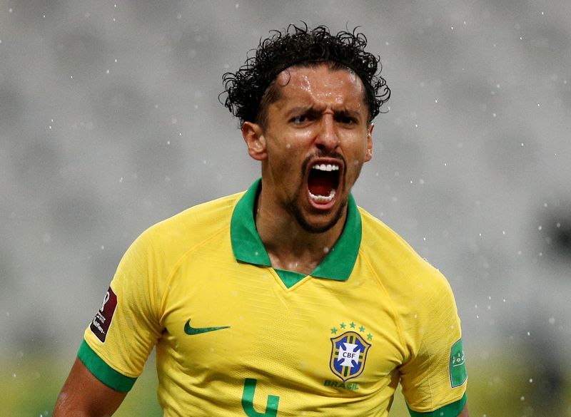 &copy; Reuters. Soccer Football - World Cup 2022 South American Qualifiers - Brazil v Bolivia - Arena Corinthians, Sao Paulo, Brazil - October 9, 2020 Brazil's Marquinhos celebrates scoring their first goal  Buda Mendes/Pool via Reuters