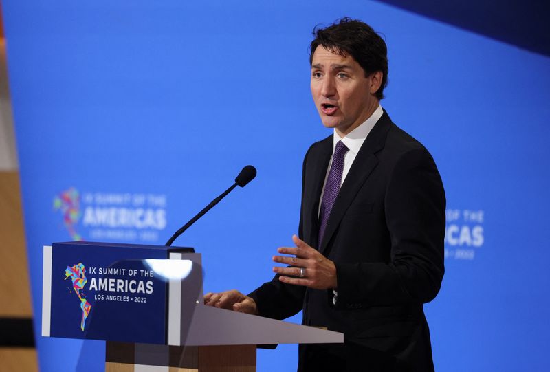 &copy; Reuters. Canada's Prime Minister Justin Trudeau speaks at the Leaders' Second Plenary Session during the Ninth Summit of the Americas in Los Angeles, California, U.S., June 10, 2022. REUTERS/Mike Blake