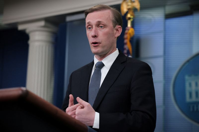 &copy; Reuters. FILE PHOTO: National Security Advisor Jake Sullivan answers questions while Press Secretary Karine Jean-Pierre looks on, during the daily media briefing at the White House in Washington, U.S., May 18,  2022. REUTERS/Evelyn Hockstein