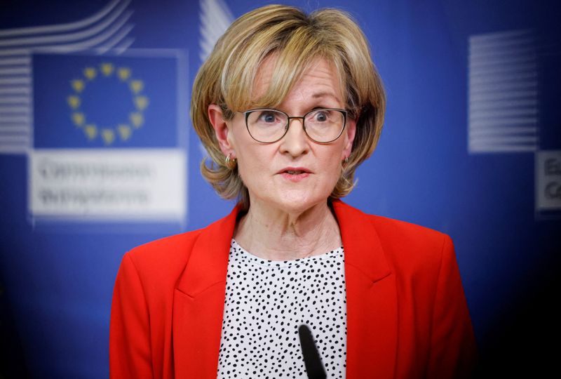 &copy; Reuters. FILE PHOTO: European Commissioner for Financial Stability, Financial Services and the Capital Markets Union Mairead McGuinness speaks during a joint news conference with U.S. Deputy Secretary of the Treasury Wally Adeyemo (not pictured) in Brussels, Belgi