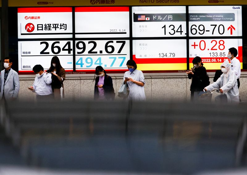 &copy; Reuters. Transeúntes pasan frente a una pantalla que muestra el tipo de cambio del yen japonés frente al dólar estadounidense y la cotización del índice bursátil Nikkei en Tokio, Japón. 14 de junio, 2022. REUTERS/Issei Kato