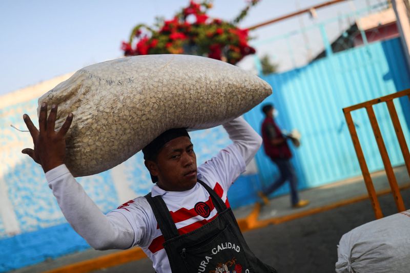 &copy; Reuters. FOTO DE ARCHIVO-Un hombre lleva un saco con granos de maíz en un mercado público en Ozumba de Alzate, en el Estado de México