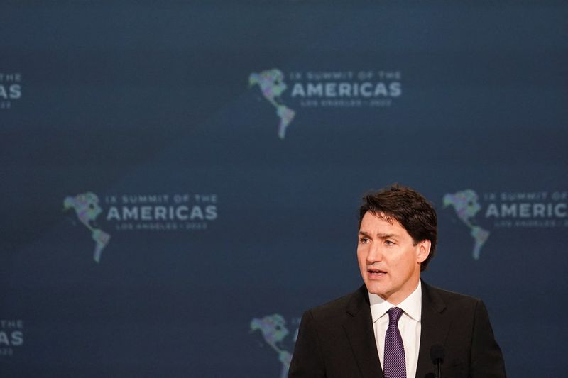 &copy; Reuters. FILE PHOTO: Canada's Prime Minister Justin Trudeau speaks during the Leaders' Second Plenary Session during the Ninth Summit of the Americas in Los Angeles, California, U.S., June 10, 2022.  REUTERS/Lauren Justice