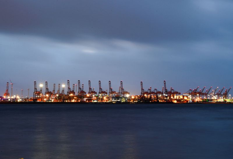 &copy; Reuters. FILE PHOTO: Container terminals are pictured during a flood in the harbour, in Hamburg, Germany, February 17, 2022. REUTERS/Fabian Bimmer