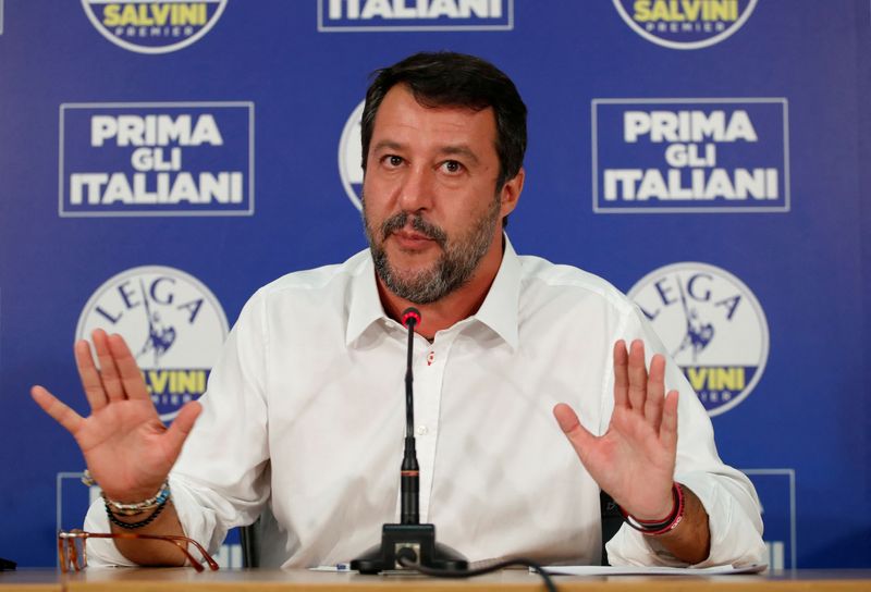 &copy; Reuters. FILE PHOTO: Leader of Italy's far-right League party Matteo Salvini gestures as he addresses the media on the results of regional elections, in Milan, Italy, September 21, 2020. REUTERS/Alessandro Garofalo/File Photo
