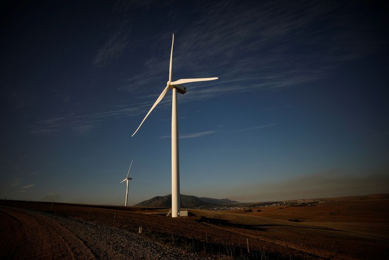 &copy; Reuters. FILE PHOTO: Wind turbines produce renewable energy outside Caledon, South Africa, May 20, 2020. Picture taken May 20, 2020. REUTERS/Mike Hutchings/File Photo