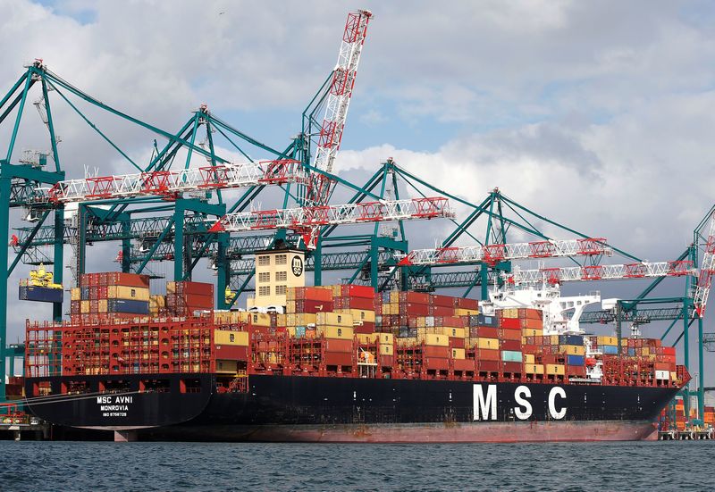 &copy; Reuters. FILE PHOTO: A container ship of the Mediterranean Shipping Company S.A. (MSC) is seen next to cranes at the San Antonio port in Chile August 6, 2019. REUTERS/Rodrigo Garrido