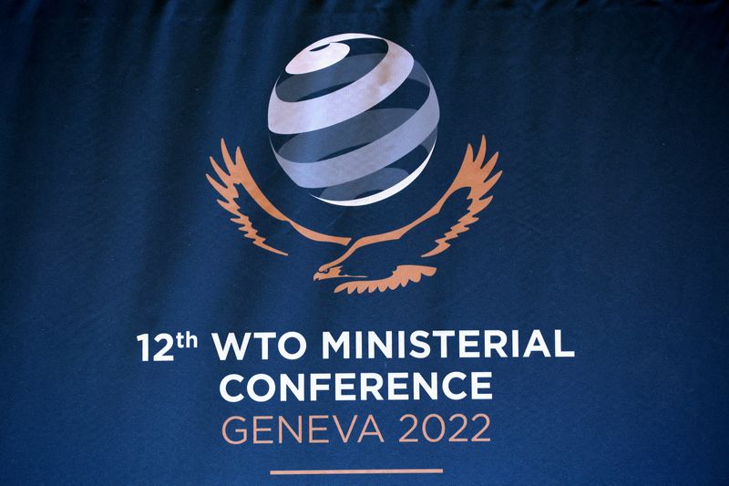 &copy; Reuters. FILE PHOTO: A logo is pictured at the World Trade Organization (WTO) headquarters ahead of the Ministerial Conference (MC12) in Geneva, Switzerland, June 12, 2022. REUTERS/Denis Balibouse