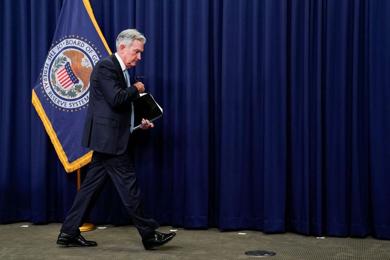 &copy; Reuters. U.S. Federal Reserve Board Chairman Jerome Powell departs after facing reporters at a news conference following a two-day meeting of the Federal Open Market Committee (FOMC) in Washington, U.S., June 15, 2022. REUTERS/Elizabeth Frantz