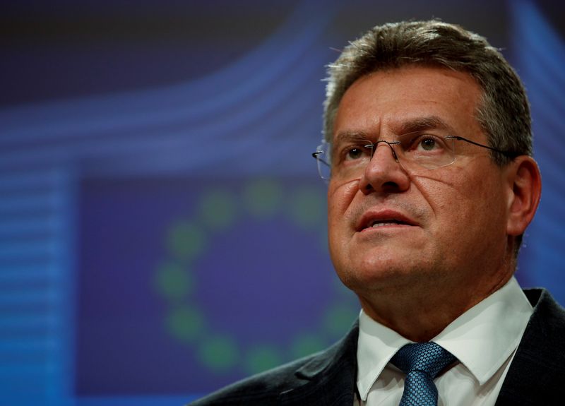 &copy; Reuters. FILE PHOTO: European Commission Vice-President for Interinstitutional Relations Maros Sefcovic speaks during a news conference after a meeting with British Foreign Secretary Liz Truss, in Brussels, Belgium February 21, 2022. REUTERS/Johanna Geron