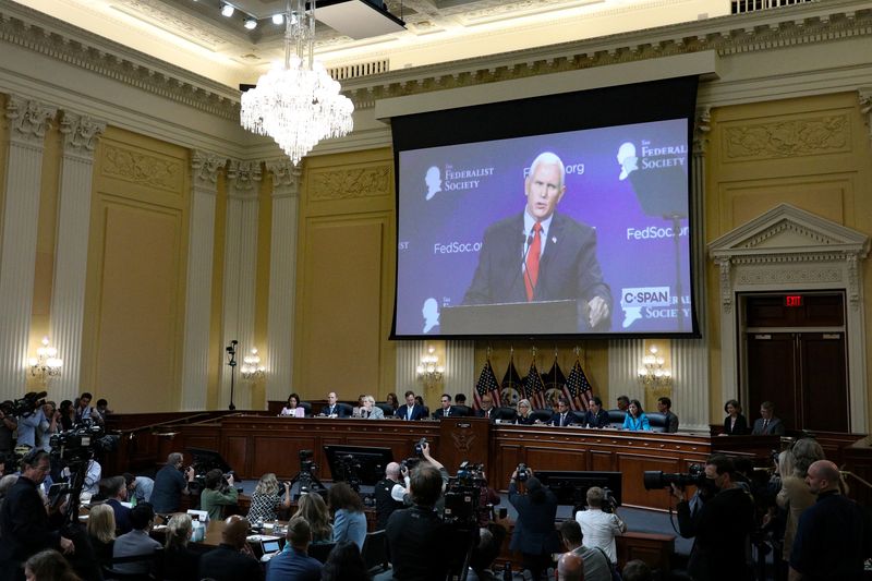 &copy; Reuters. Former Vice President Mike Pence is displayed on a screen during a hearing of the Select Committee to Investigate the January 6th Attack on the US Capitol in Washington, D.C., US, on Thursday, June 16, 2022. The committee investigating the 2021 insurrecti