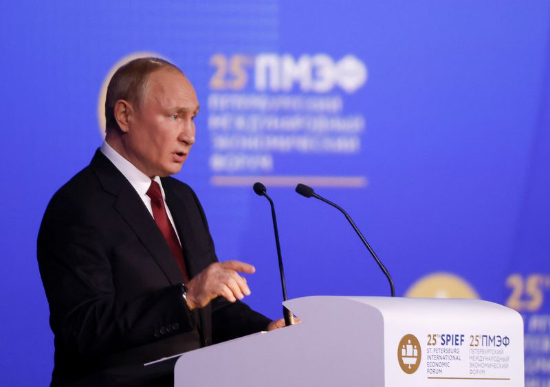 &copy; Reuters. بوتين يتحدث خلال منتدى سان بطرسبرج الاقتصادي الدولي يوم الجمعة. تصوير: مكسيم شيميتوف - رويترز. 