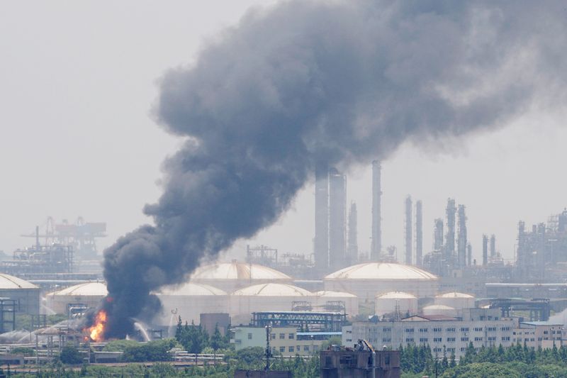 &copy; Reuters. دخان يتصاعد من مصنع سينوبك شنغهاي للبتروكيماويات على غثر اندلاع حريق فيه في ضاحية جينشان في شنغهاي بالصين يوم السبت. تصوير: ألي سونج - رويترز