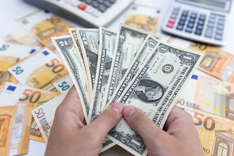 © Reuters. FILE PHOTO: Woman holds U.S. dollar banknotes in front of Euro banknotes in this illustration taken May 30, 2022. REUTERS/Dado Ruvic/Illustration