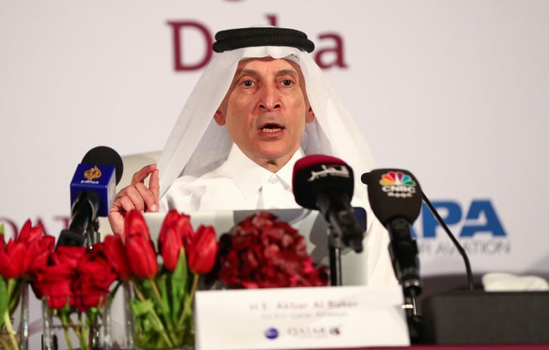 &copy; Reuters. أكبر الباكر الرئيس التنفيذي للخطوط الجوية القطرية يتحدث خلال مؤتمر في الدوحة في صورة من أرشيف رويترز.