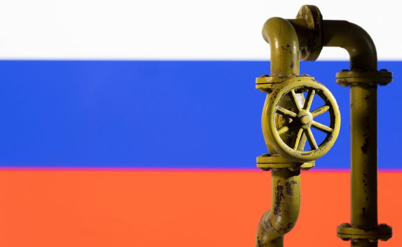 &copy; Reuters. FILE PHOTO: A 3D printed natural gas pipeline is placed in front of displayed Russian flag in this illustration taken February 8, 2022. REUTERS/Dado Ruvic/Illustration