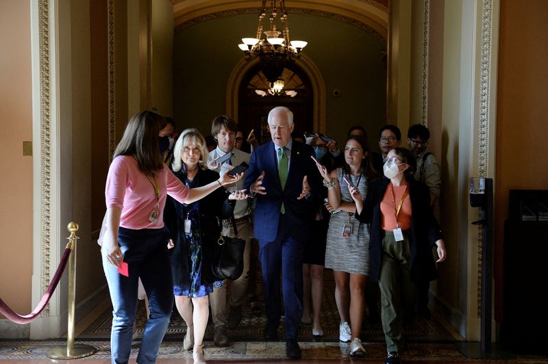 © Reuters. U.S. Sen. John Cornyn (R-TX) is questioned by reporters at the U.S. Capitol in Washington, U.S., June 21, 2022 REUTERS/Mary F. Calvert