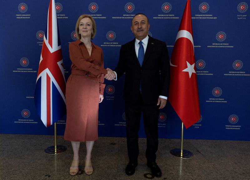 &copy; Reuters. FILE PHOTO: Turkish Foreign Minister Mevlut Cavusoglu meets British Foreign Secretary Liz Truss in Ankara, Turkey, June 23, 2022. REUTERS/Umit Bektas