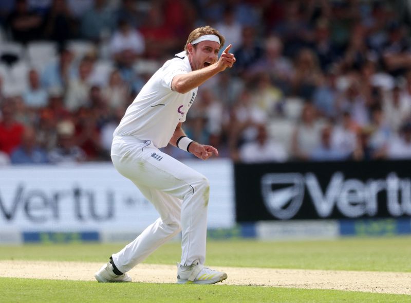 &copy; Reuters. Cricket - Third Test - England v New Zealand - Yorkshire Cricket Ground, Leeds, Britain - June 23, 2022 England's Stuart Broad celebrates after taking the wicket of New Zealand's Kane Williamson Action Images via Reuters/Lee Smith