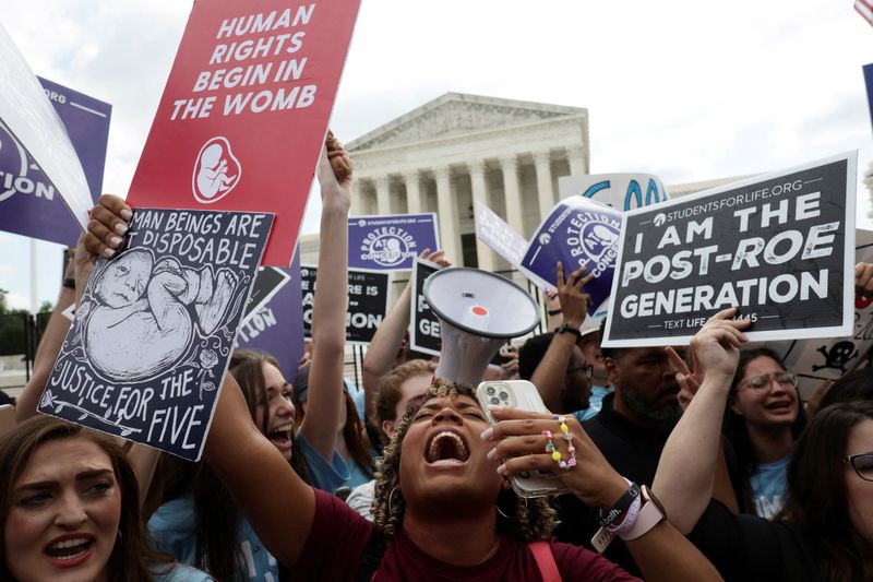 &copy; Reuters. Manifestantes contrárias ao aborto comemoram do lado de fora do prédio da Suprema Corte dos Estados Unidos em Washington
24/06/2022 REUTERS/Evelyn Hockstein