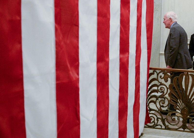 &copy; Reuters. U.S. Sen. John Cornyn (R-TX) walks through the U.S. Capitol after giving a speech on gun safety legislation on the Senate floor in Washington, U.S.,  June 23, 2022.      REUTERS/Mary F. Calvert