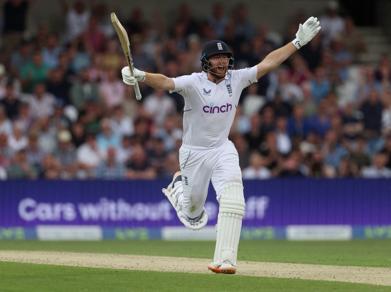 &copy; Reuters. Cricket - Third Test - England v New Zealand - Yorkshire Cricket Ground, Leeds, Britain - June 24, 2022 England's Jonny Bairstow celebrates his century Action Images via Reuters/Lee Smith