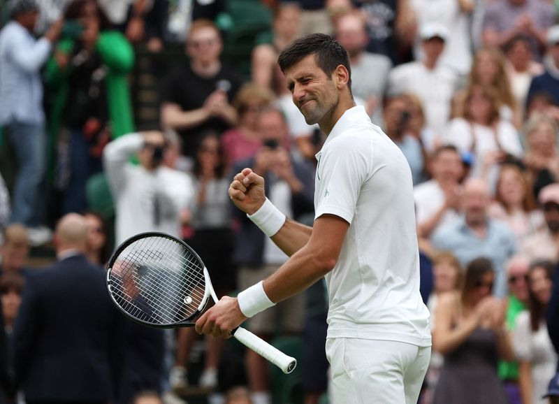 &copy; Reuters. Tennis - Wimbledon - All England Lawn Tennis and Croquet Club, London, Britain - June 27, 2022 Serbia'a Novak Djokovic celebrates after winning his first round match against South Korea's Kwon Soon-woo REUTERS/Paul Childs
