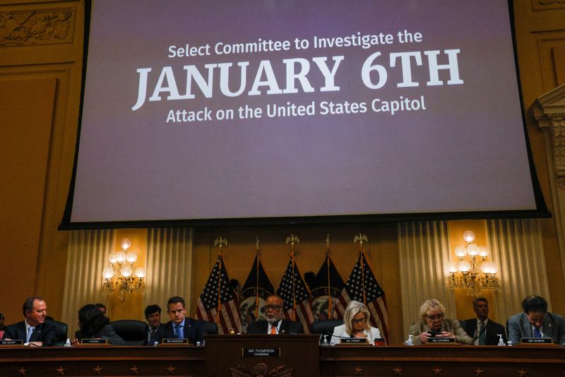 &copy; Reuters. Members of the U.S. House Select Committee to Investigate the January 6 Attack on the United States Capitol are seen during the fifth public hearing of the committee, on Capitol Hill in Washington, U.S., June 23, 2022. REUTERS/Jim Bourg