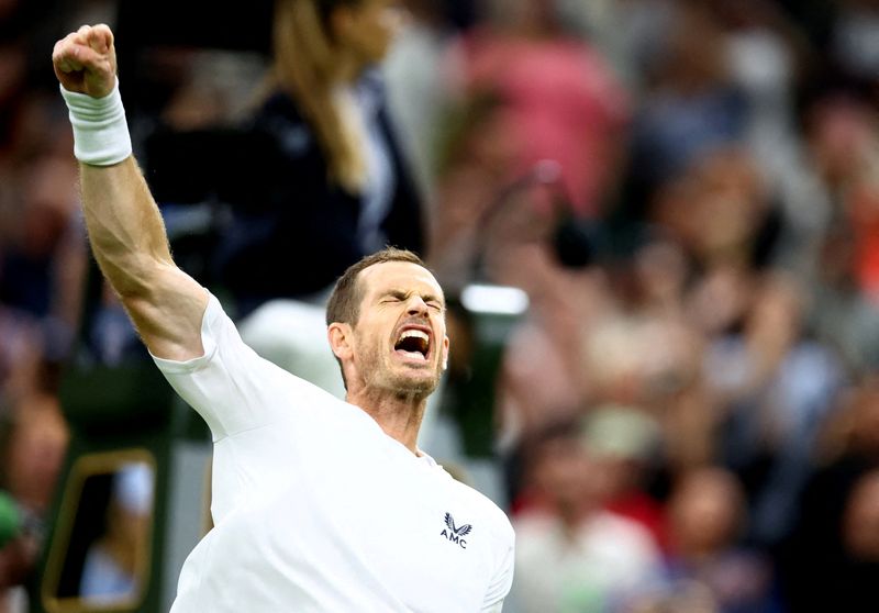 &copy; Reuters. Tennis - Wimbledon - All England Lawn Tennis and Croquet Club, London, Britain - June 27, 2022 Britain's Andy Murray celebrates winning his first round match against Australia's James Duckworth REUTERS/Hannah Mckay     TPX IMAGES OF THE DAY