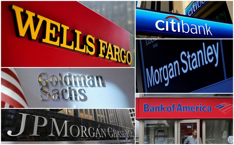 © Reuters. FILE PHOTO: A combination file photo shows Wells Fargo, Citigbank, Morgan Stanley, JPMorgan Chase, Bank of America, JPMorgan, and Goldman Sachs from Reuters archive. REUTERS/File Photo