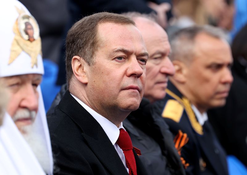 &copy; Reuters. FILE PHOTO: Deputy Chairman of Russia's Security Council Dmitry Medvedev attends a military parade on Victory Day, which marks the 77th anniversary of the victory over Nazi Germany in World War Two, in Red Square in central Moscow, Russia May 9, 2022. Spu