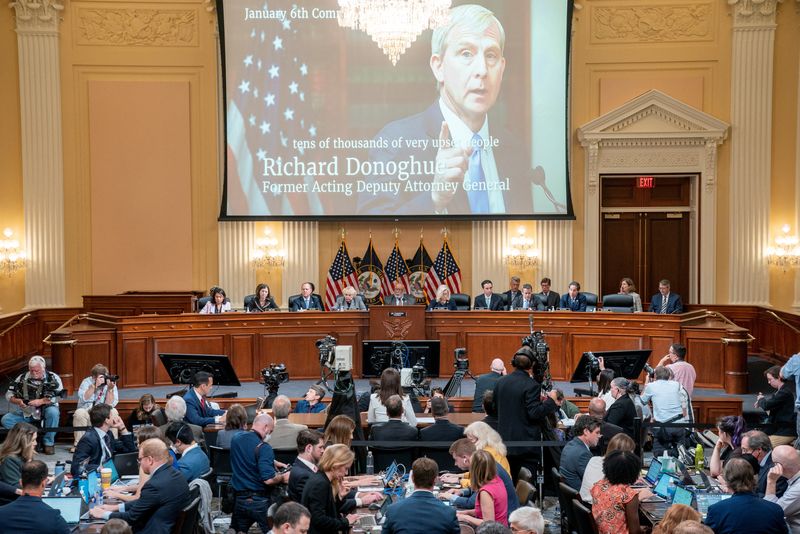 &copy; Reuters. An image of former Acting U.S. Deputy Attorney General Richard Donoghue is displayed during a public hearing of the U.S. House Select Committee investigating the January 6 Attack on the U.S. Capitol, at the Capitol, in Washington, U.S., June 28, 2022. Sha