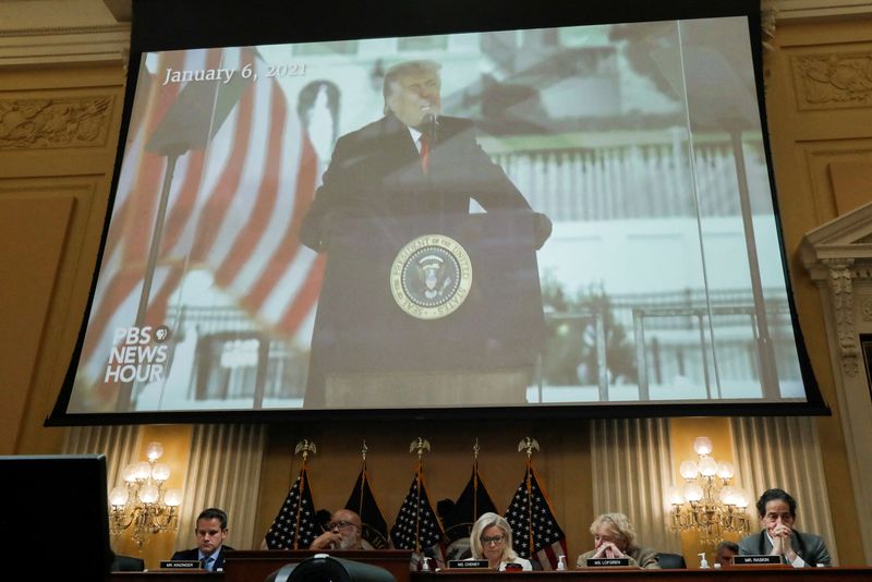 &copy; Reuters. FILE PHOTO: A video of former U.S President Donald Trump speaking is shown on a screen during the fifth public hearing of the U.S. House Select Committee to Investigate the January 6 Attack on the United States Capitol, on Capitol Hill in Washington, U.S.