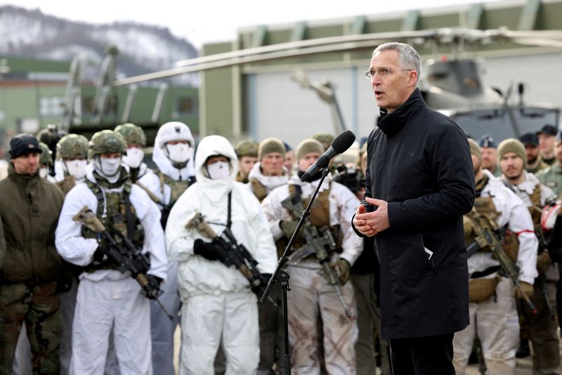 &copy; Reuters. FILE PHOTO: NATO Secretary General Jens Stoltenberg addresses the troops as part of a military exercise called "Cold Response 2022", gathering around 30,000 troops from NATO member countries plus Finland and Sweden, amid Russia's invasion of Ukraine, at a