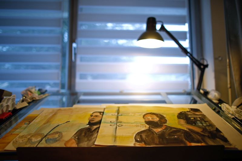 &copy; Reuters. FILE PHOTO: French court artist Elisabeth de Pourquery's sketches showing Salah Abdeslam, one of the accused, who is widely-believed to be the only surviving member of the group suspected of carrying out the Paris' November 2015 attacks, are displayed on 