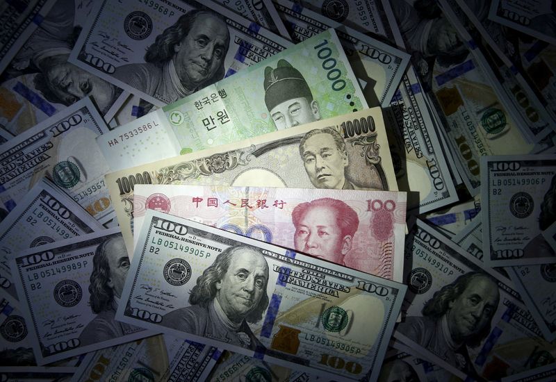 &copy; Reuters. FILE PHOTO: South Korean won, Chinese yuan and Japanese yen notes are seen on U.S. $100 notes in this file photo illustration shot December 15, 2015. REUTERS/Kim Hong-Ji//Illustration/File Photo