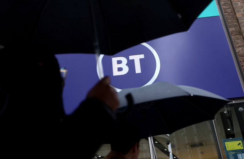 &copy; Reuters. FILE PHOTO: Logo of British Telecom (BT) is displayed outside a store in London, Britain, November 15, 2019. REUTERS/Simon Dawson