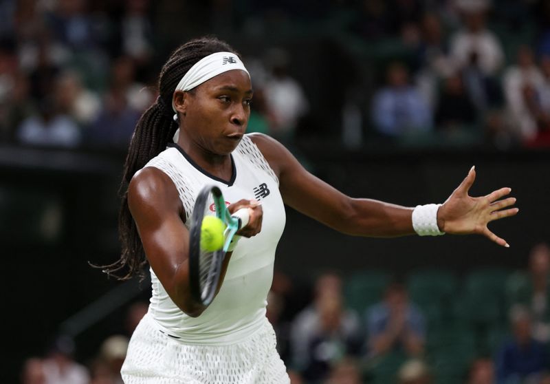 &copy; Reuters. Tennis - Wimbledon - All England Lawn Tennis and Croquet Club, London, Britain - June 30, 2022 Coco Gauff of the U.S. in action during her second round match against Romania's Mihaela Buzarnescu REUTERS/Paul Childs