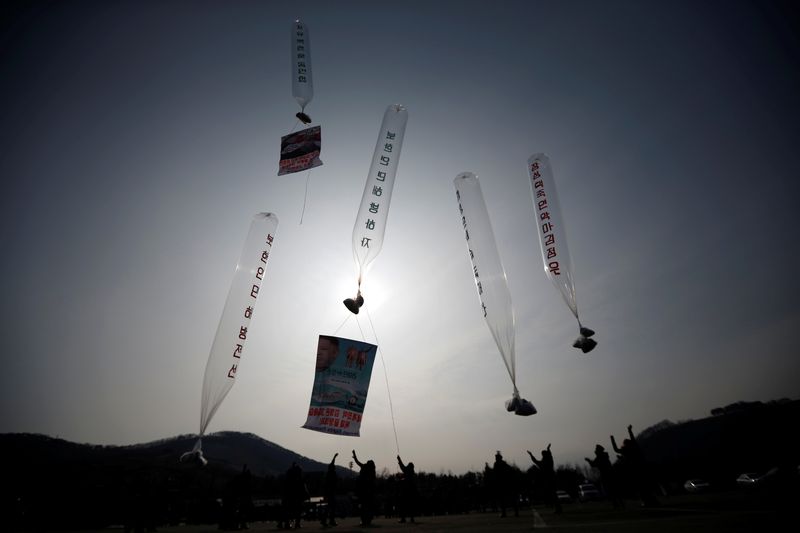 &copy; Reuters. Norte-coreanos que vivem na Coreia do Sul soltam balões com notas de dólas, rádios e CDs denunciado o regime da Coreia do Norte em direção ao país vizinho
15/01/2014
REUTERS/Kim Hong-Ji