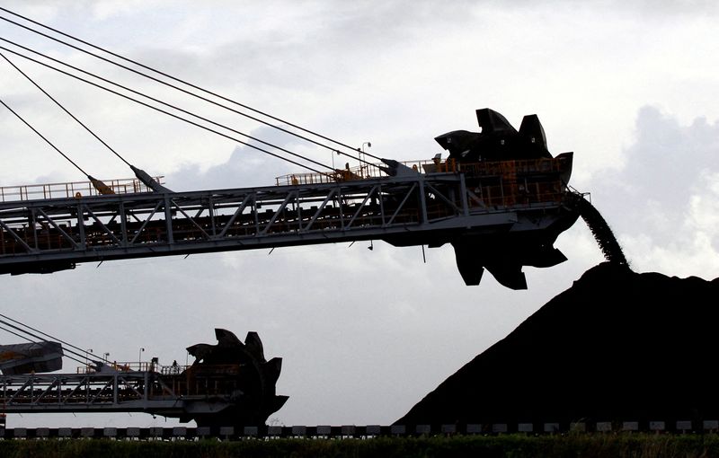 &copy; Reuters. FILE PHOTO: A stacker/reclaimer places coal in stockpiles at the coal port in Newcastle June 6, 2012. REUTERS/Daniel Munoz/File Photo