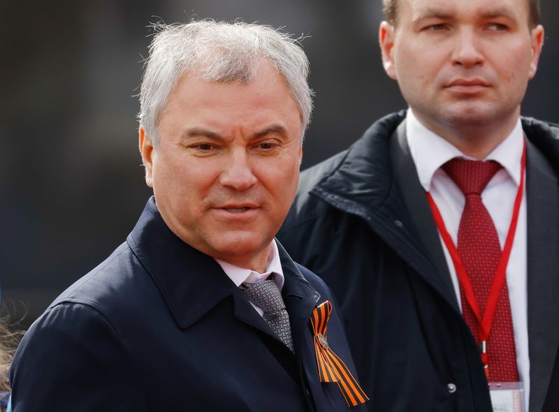 &copy; Reuters. Presidente da Duma, Vyacheslav Volodin, durante desfile militar do Dia da Vitória em Moscou
09/05/2022 REUTERS/Maxim Shemetov