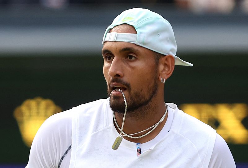 &copy; Reuters. FILE PHOTO: Tennis - Wimbledon - All England Lawn Tennis and Croquet Club, London, Britain - July 4, 2022  Australia's Nick Kyrgios reacts during his fourth round match against Brandon Nakashima of the U.S. REUTERS/Paul Childs