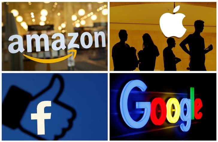 &copy; Reuters. IMAGEN DE ARCHIVO. Una combinación de los logos de Amazon, Apple ,Facebook y Google. REUTERS