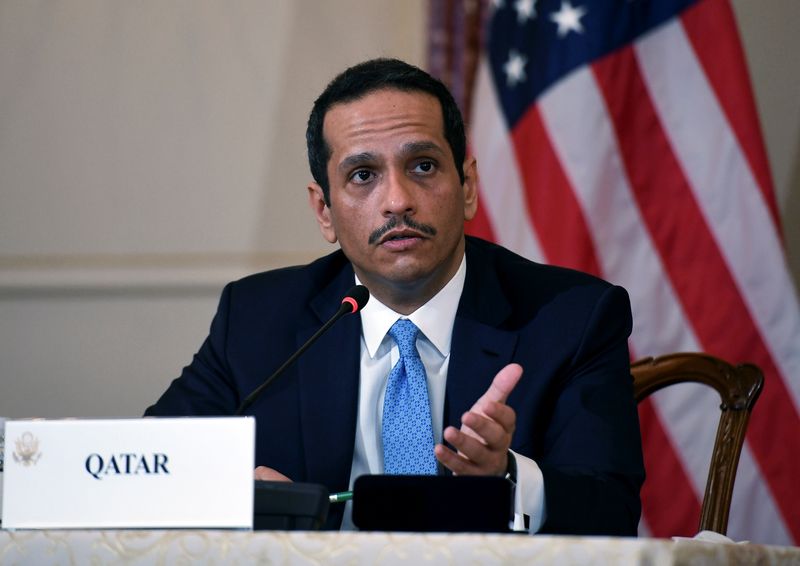 &copy; Reuters. وزير الخارجية القطري الشيخ محمد بن عبد الرحمن آل ثاني أثناء مؤتمر صحفي في واشنطن. صورة لرويترز.