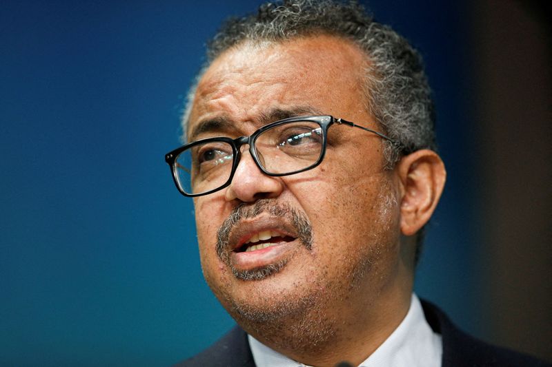 &copy; Reuters. FILE PHOTO: World Health Organization Tedros Adhanom Ghebreyesus gives a statement on the coronavirus disease (COVID-19) vaccination, during a European Union - African Union summit, in Brussels, Belgium February 18, 2022. REUTERS/Johanna Geron/Pool/File P